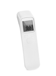 Photo of Infrared thermometer isolated on white. Checking temperature during Covid-19 pandemic