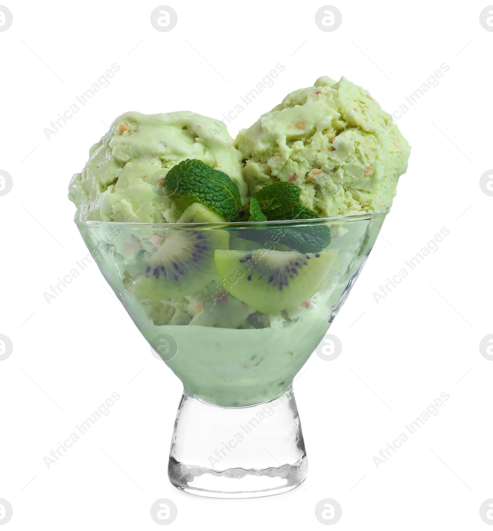 Photo of Delicious green ice cream with mint and kiwi in glass dessert bowl isolated on white