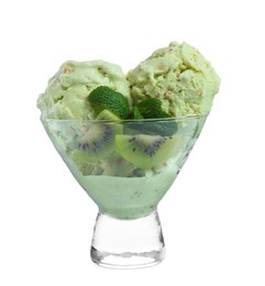 Photo of Delicious green ice cream with mint and kiwi in glass dessert bowl isolated on white