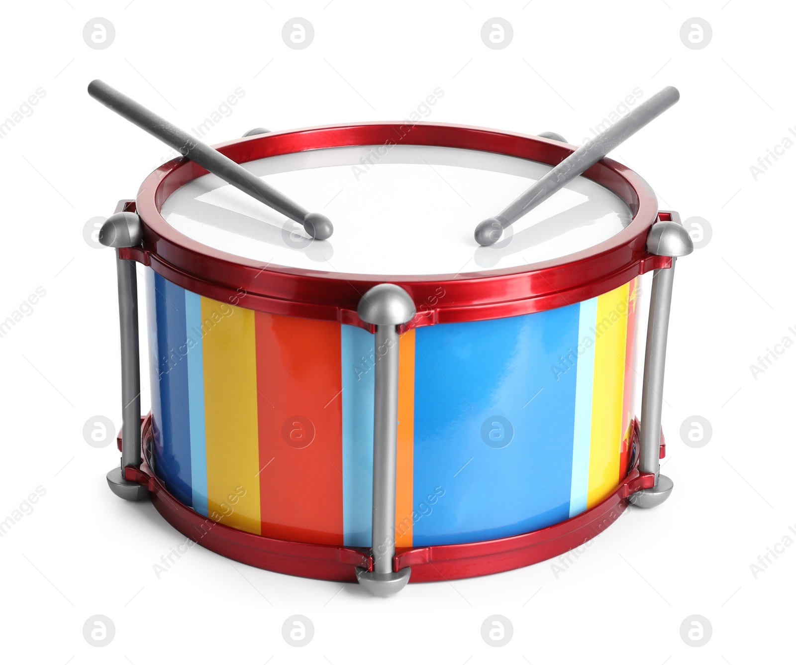 Photo of Bright drum with sticks isolated on white