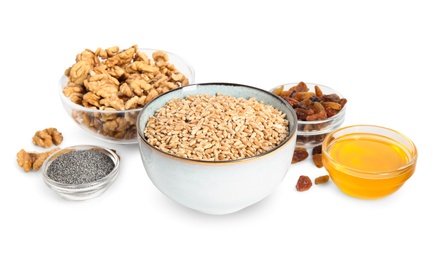 Photo of Ingredients for traditional kutia on white background