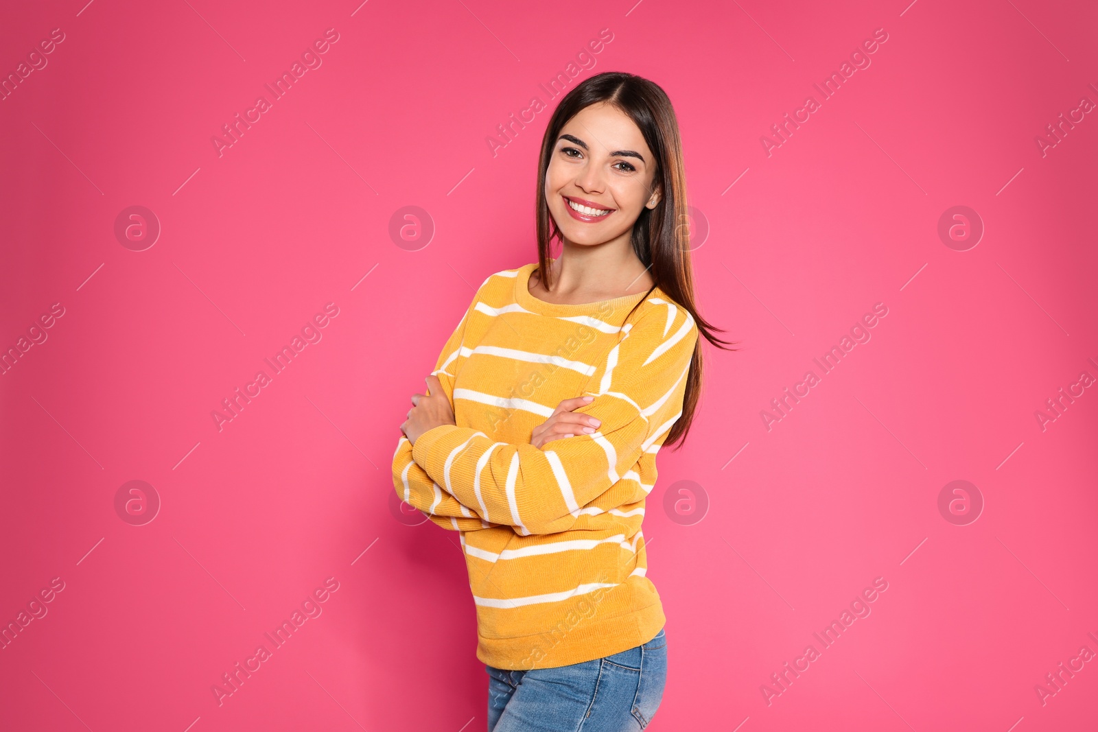 Photo of Portrait of pretty woman on color background