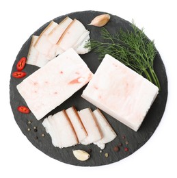 Photo of Pork fatback with dill, garlic and peppercorns isolated on white, top view