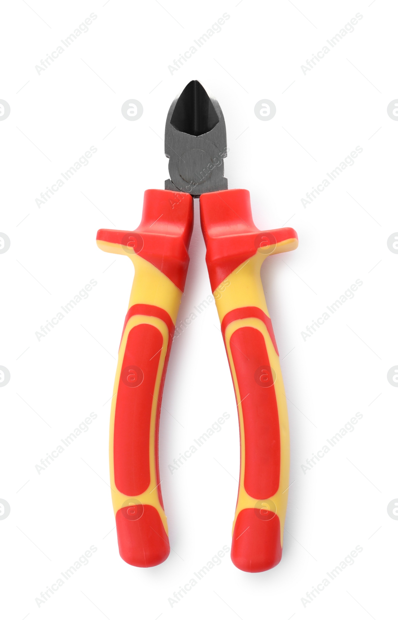 Photo of Color pliers on white background, top view. Electrician's tool