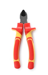 Color pliers on white background, top view. Electrician's tool