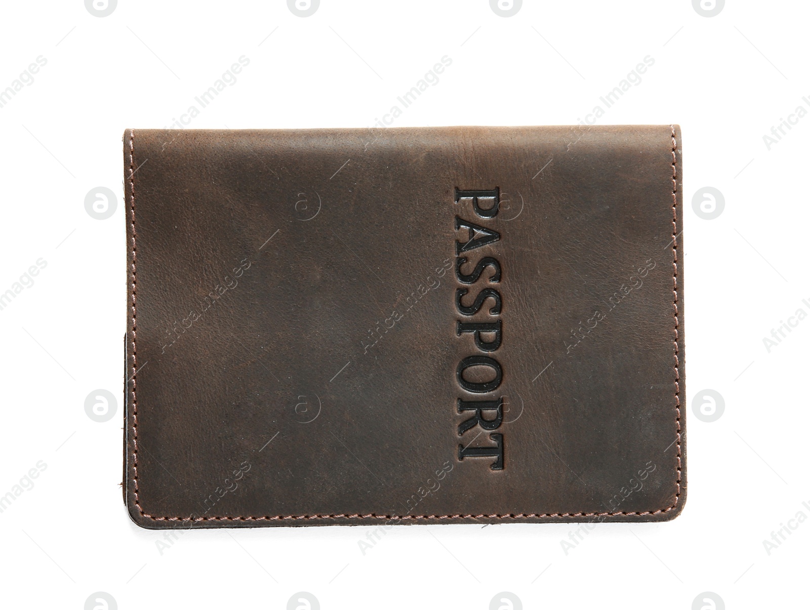 Photo of Passport in leather case on white background