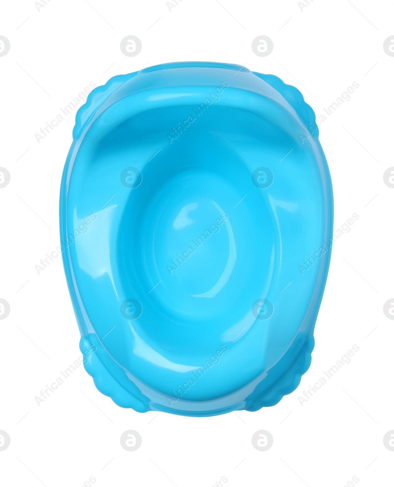 Photo of Light blue baby potty isolated on white, top view. Toilet training