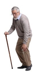 Tired senior man with walking cane on white background