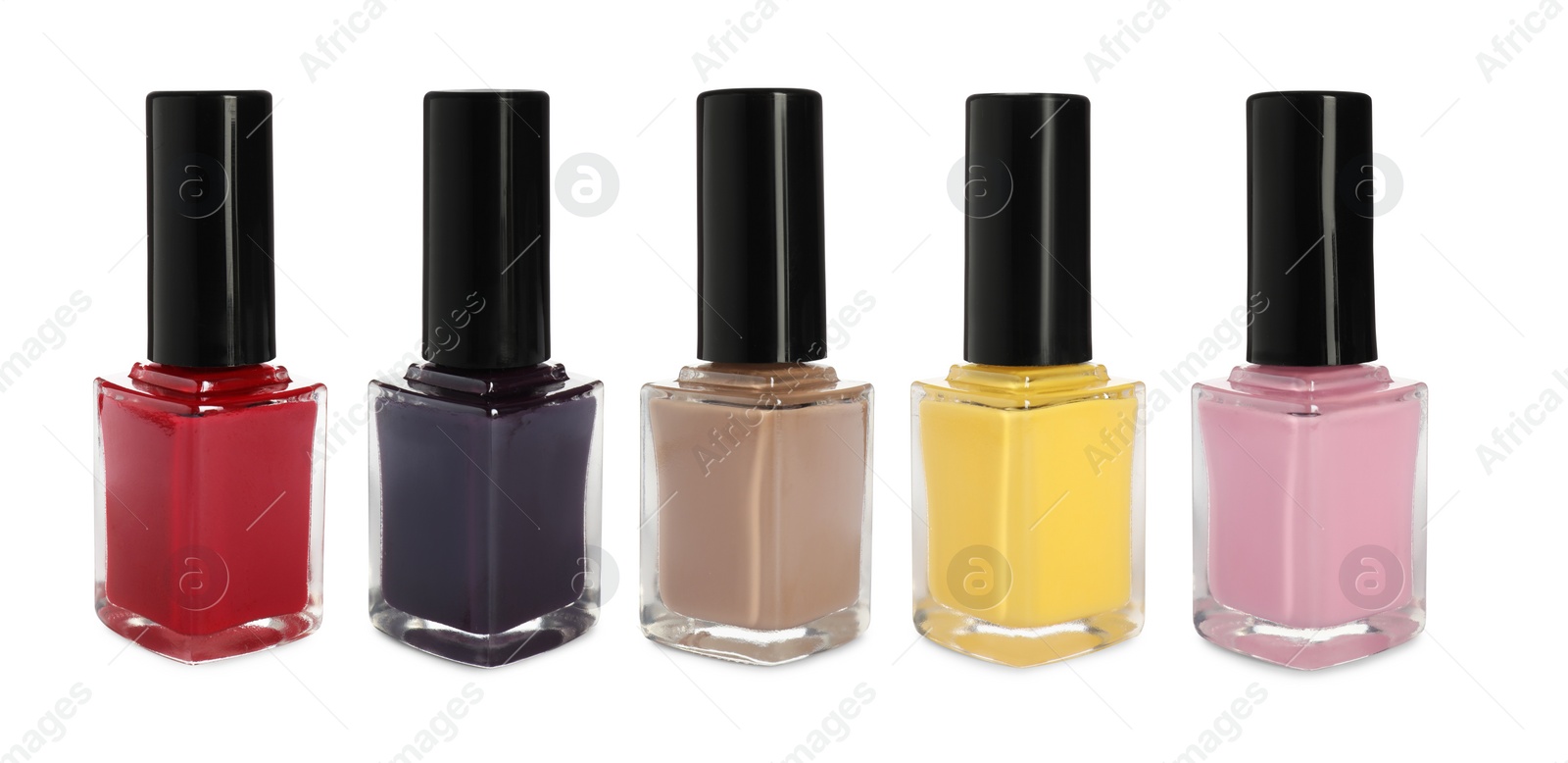 Image of Nail polishes of different colors isolated on white, collection