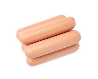 Photo of Delicious boiled sausages on white background, top view