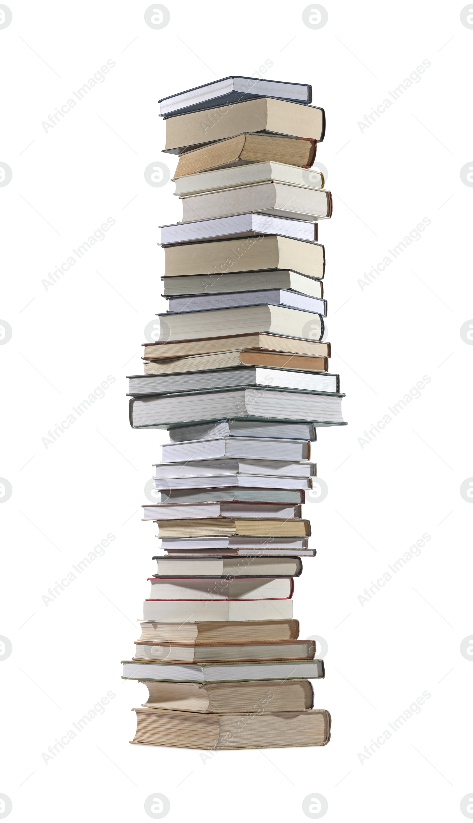 Photo of High stack of many different books isolated on white