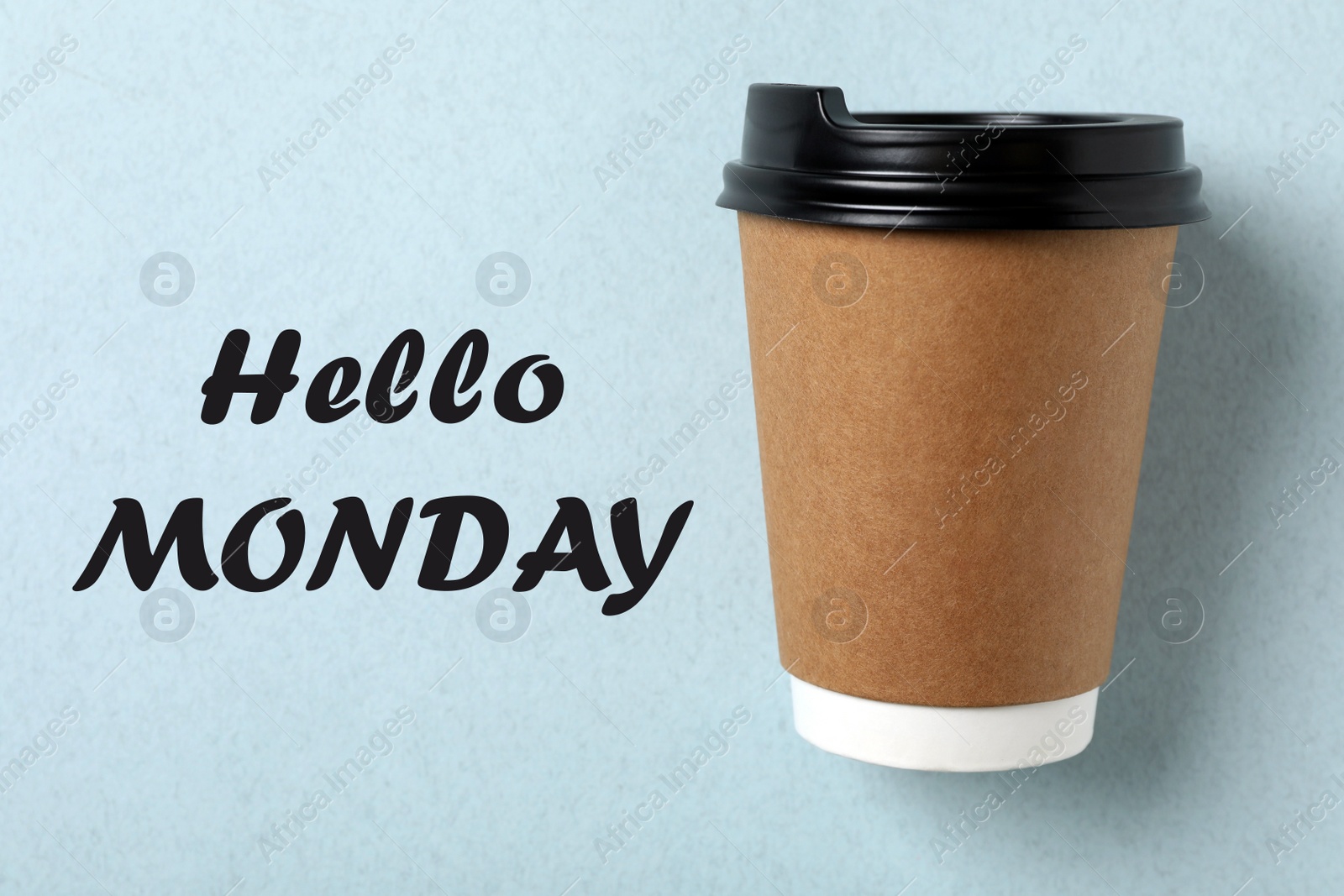 Image of Hello Monday, start your week with good mood. Paper cup on light blue background, top view