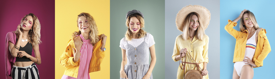 Image of Collage of beautiful young woman posing on different color backgrounds. Banner design 