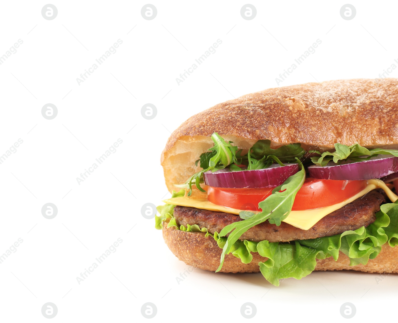 Photo of Yummy sandwich with cheese on white background. Space for text