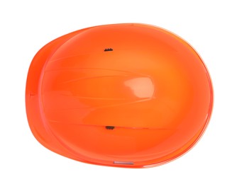 Photo of Orange hard hat isolated on white, top view. Safety equipment