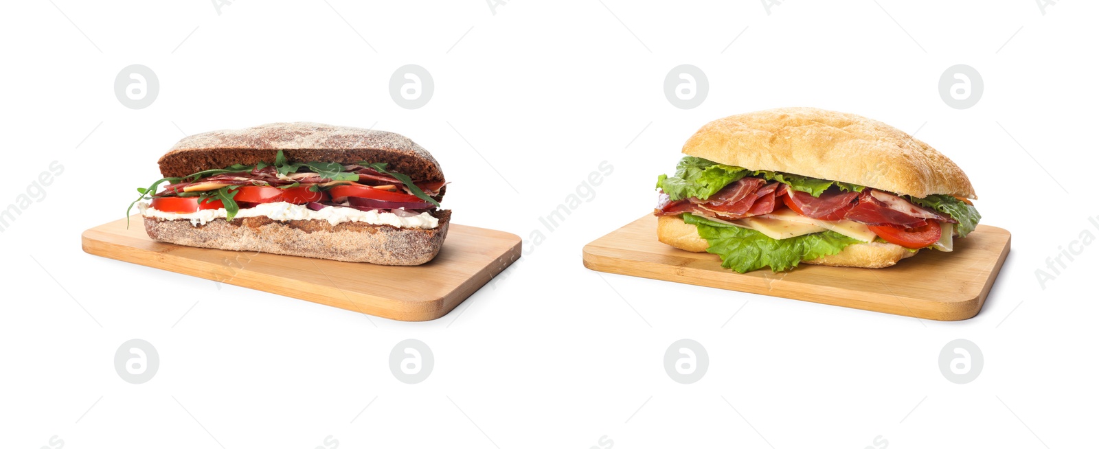 Image of Yummy sandwiches with vegetables and prosciutto on white background. Banner design 