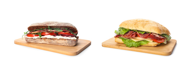 Image of Yummy sandwiches with vegetables and prosciutto on white background. Banner design 
