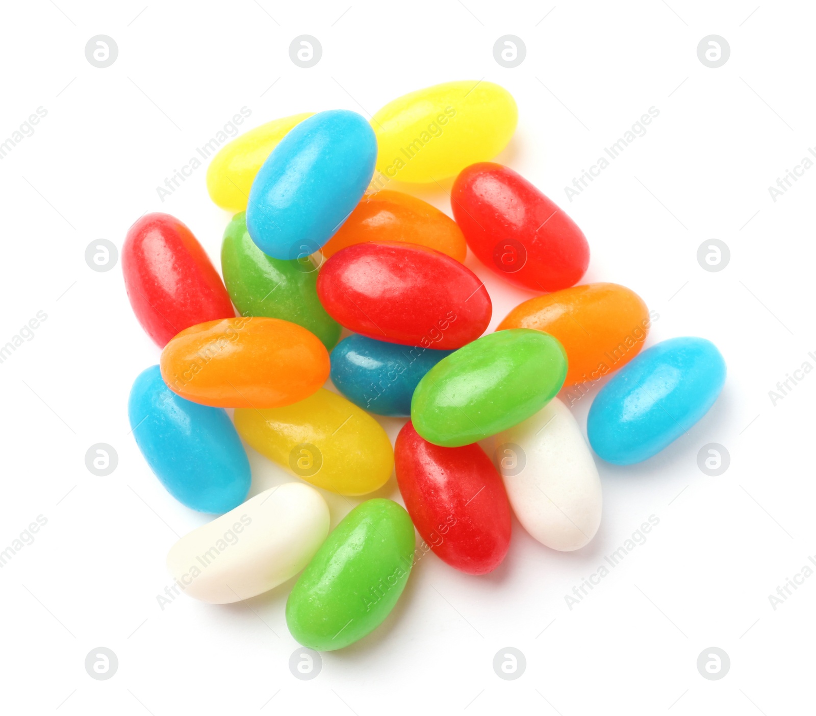 Photo of Pile of tasty bright jelly beans isolated on white, top view