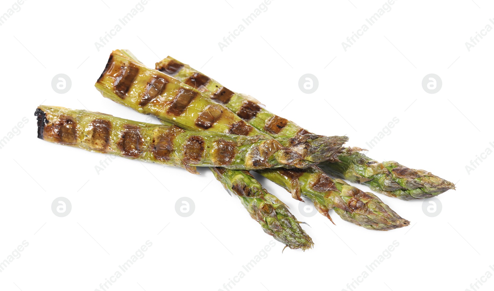 Photo of Tasty grilled green asparagus isolated on white