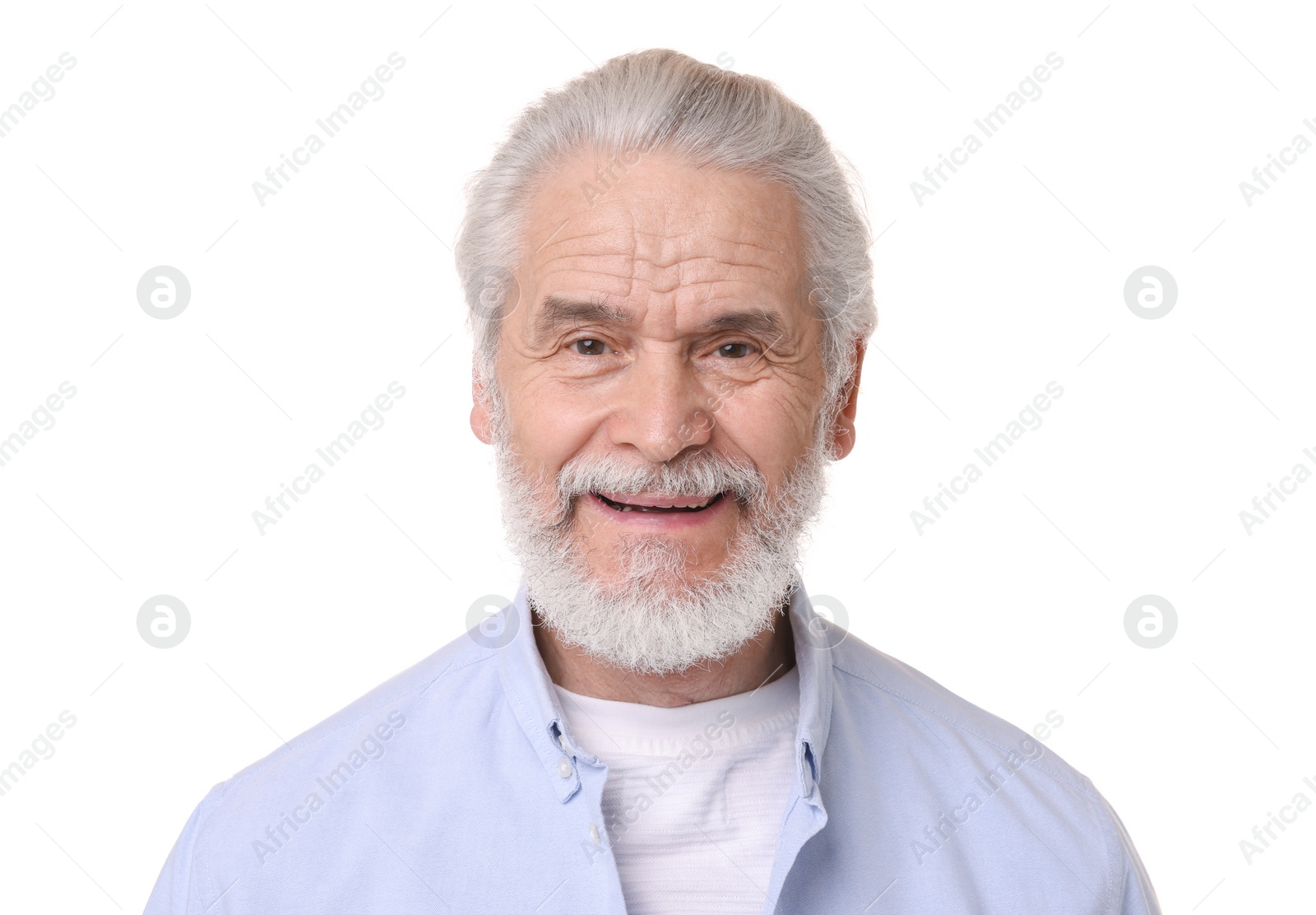 Photo of Portrait of happy grandpa on white background