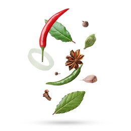 Image of Different aromatic spices falling on white background