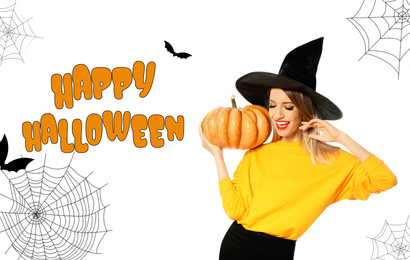 Image of Happy Halloween greeting card design. Beautiful woman wearing witch costume with pumpkin on white background