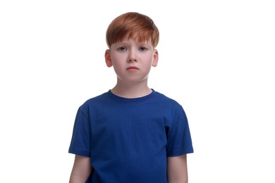 Photo of Portrait of sad little boy on white background