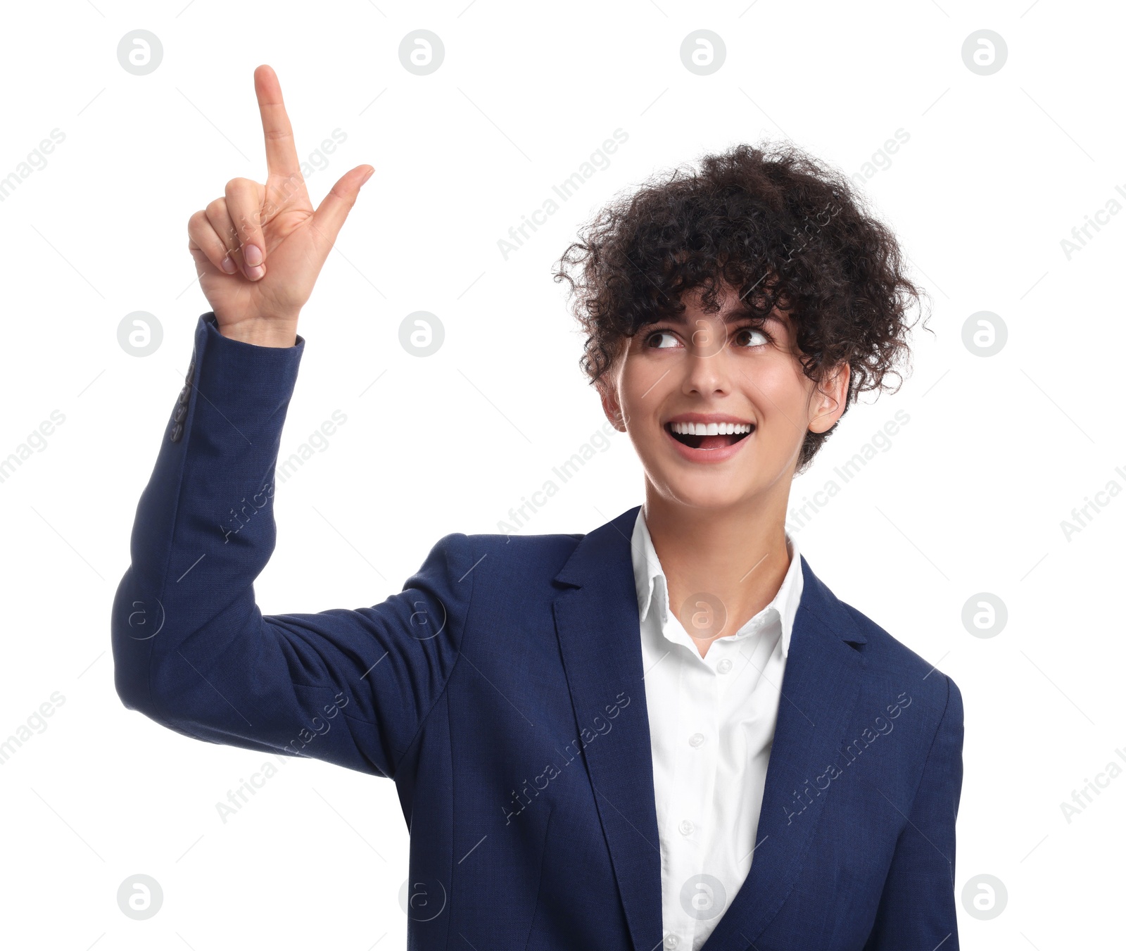 Photo of Beautiful businesswoman in suit pointing at something on white background