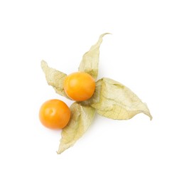 Photo of Ripe physalis fruits isolated on white, top view