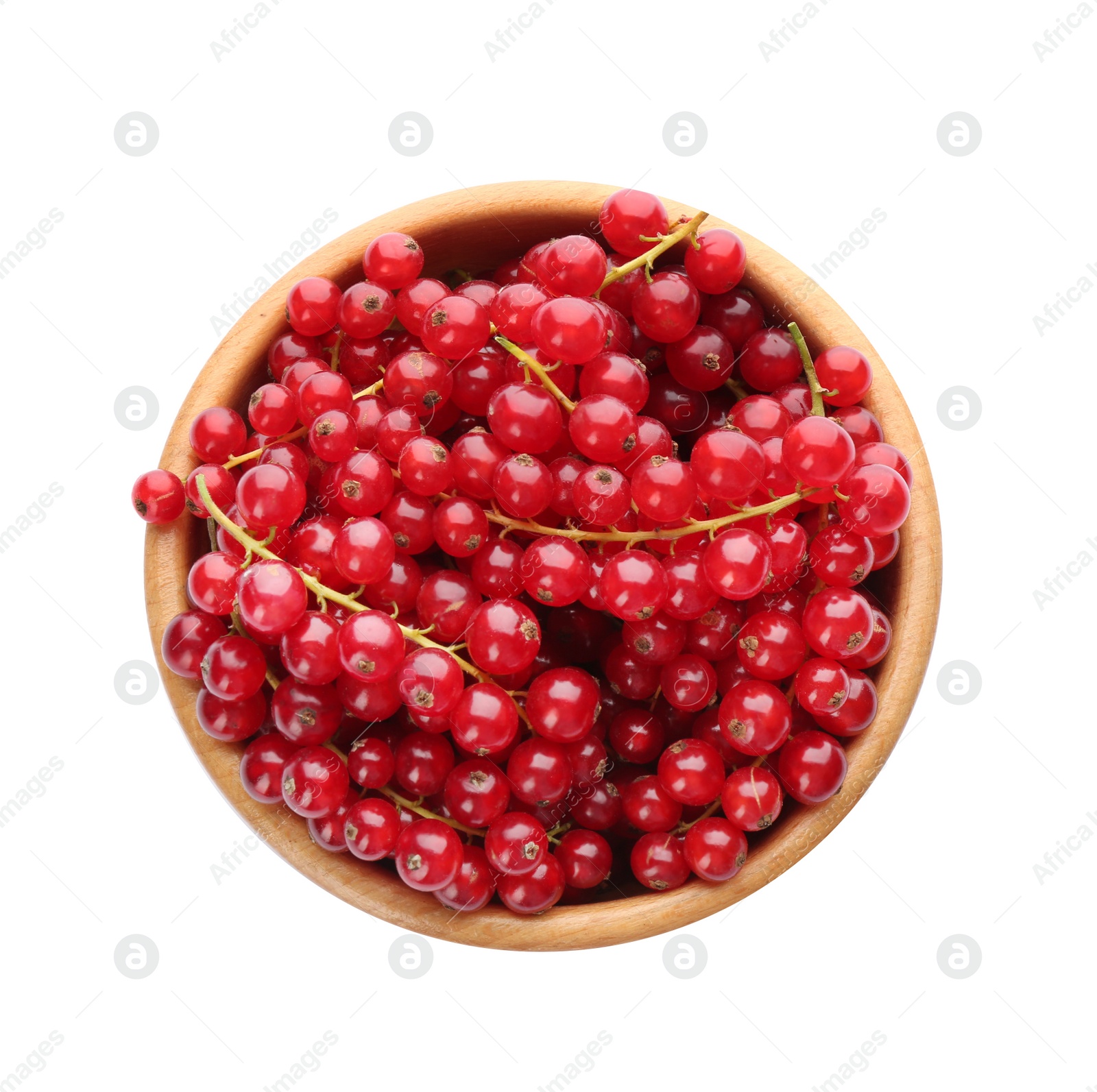 Photo of Delicious ripe red currants in bowl isolated on white, top view