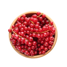 Photo of Delicious ripe red currants in bowl isolated on white, top view