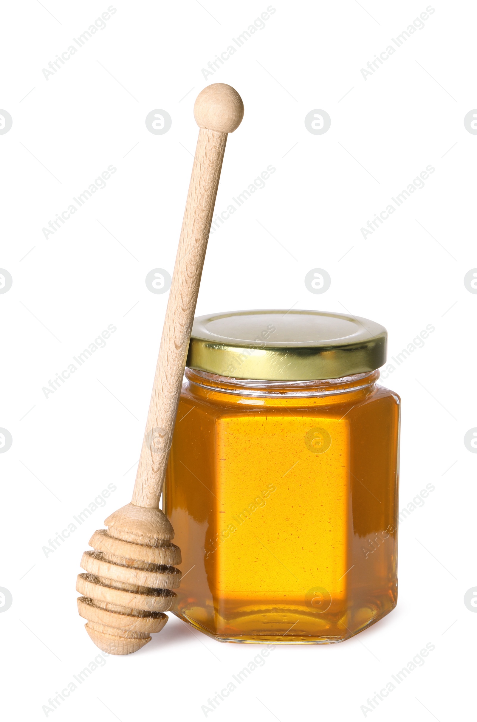 Photo of Tasty natural honey in glass jar and dipper isolated on white