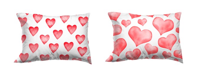 Image of Soft pillows with printed red hearts isolated on white, set