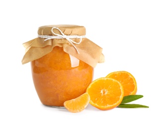 Photo of Jar of tasty jam and fresh tangerines on white background