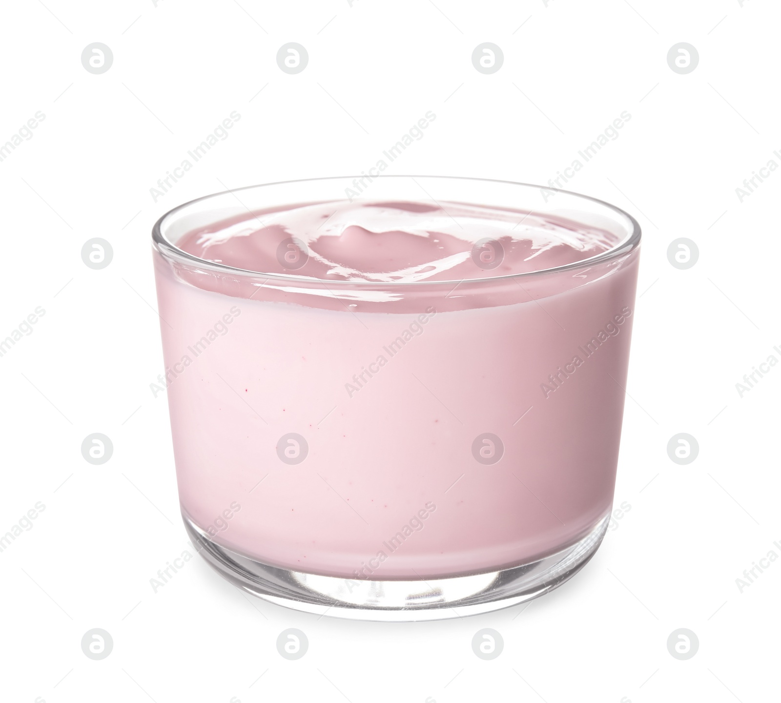 Photo of Glass bowl with creamy yogurt on white background