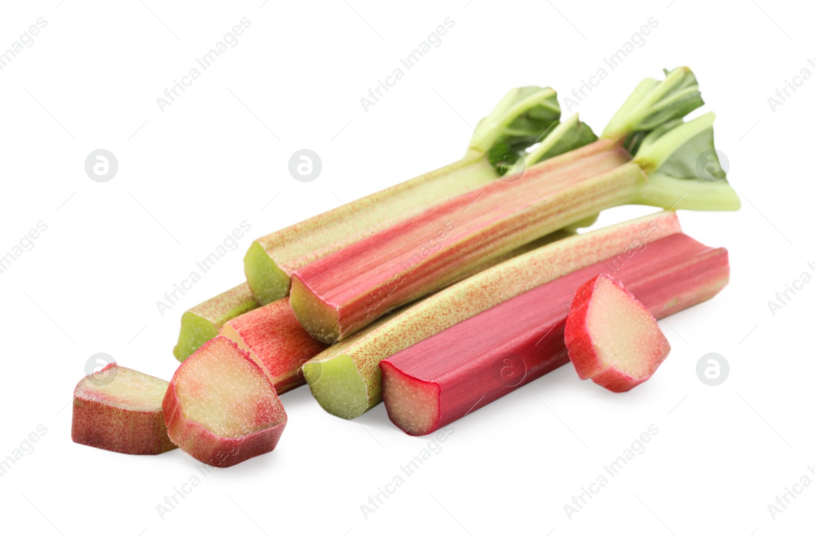 Photo of Cut fresh ripe rhubarb isolated on white