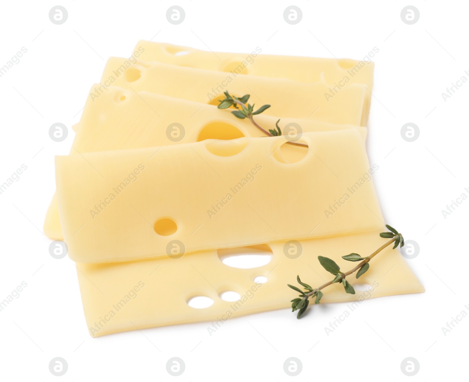 Photo of Slices of tasty fresh cheese and thyme isolated on white