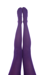 Photo of Woman wearing purple tights on white background, closeup of legs