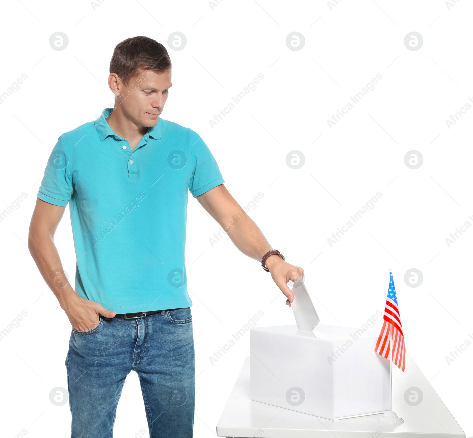 Photo of Man putting ballot paper into box against white background