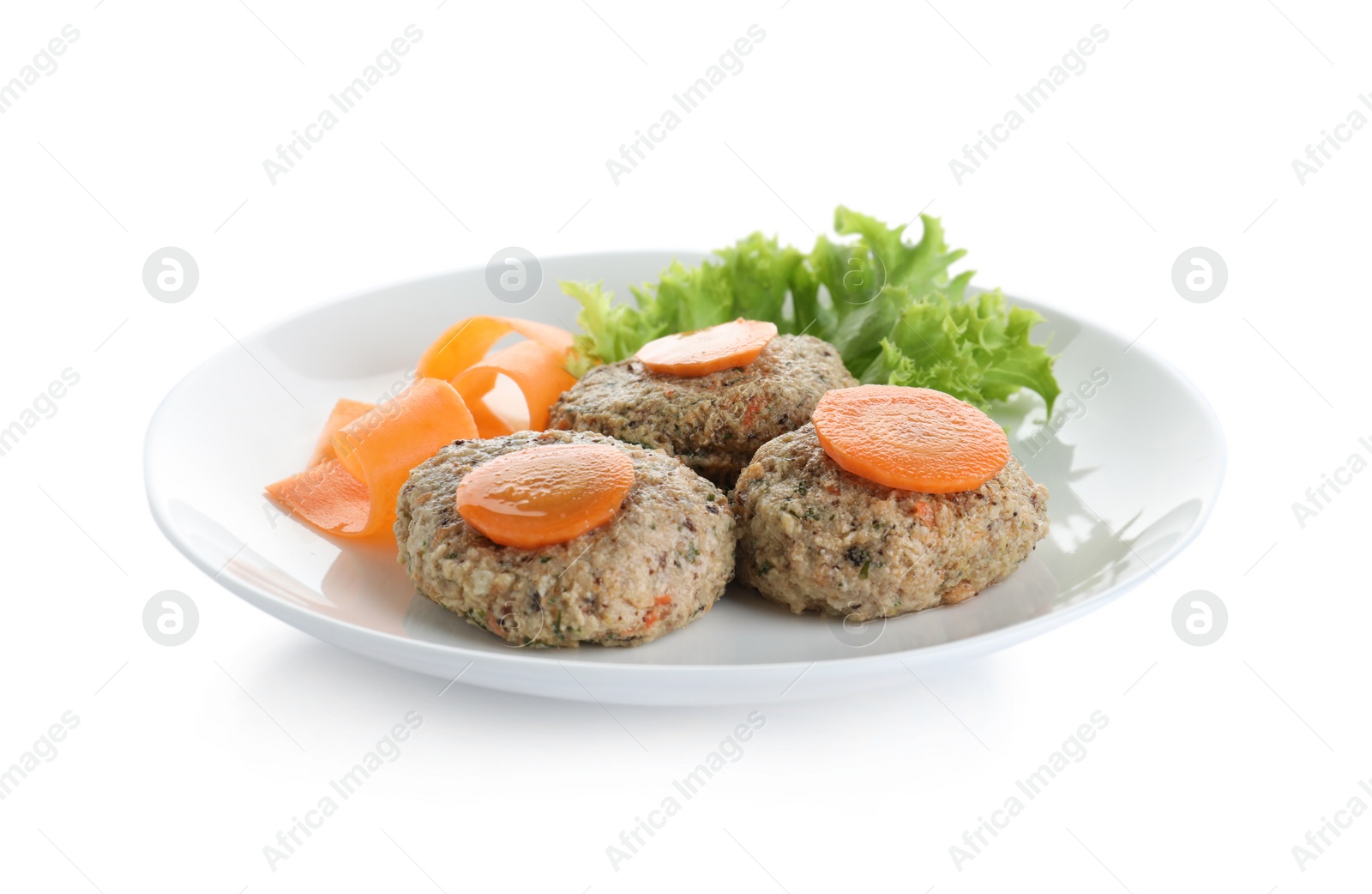 Photo of Plate of traditional Passover (Pesach) gefilte fish isolated on white