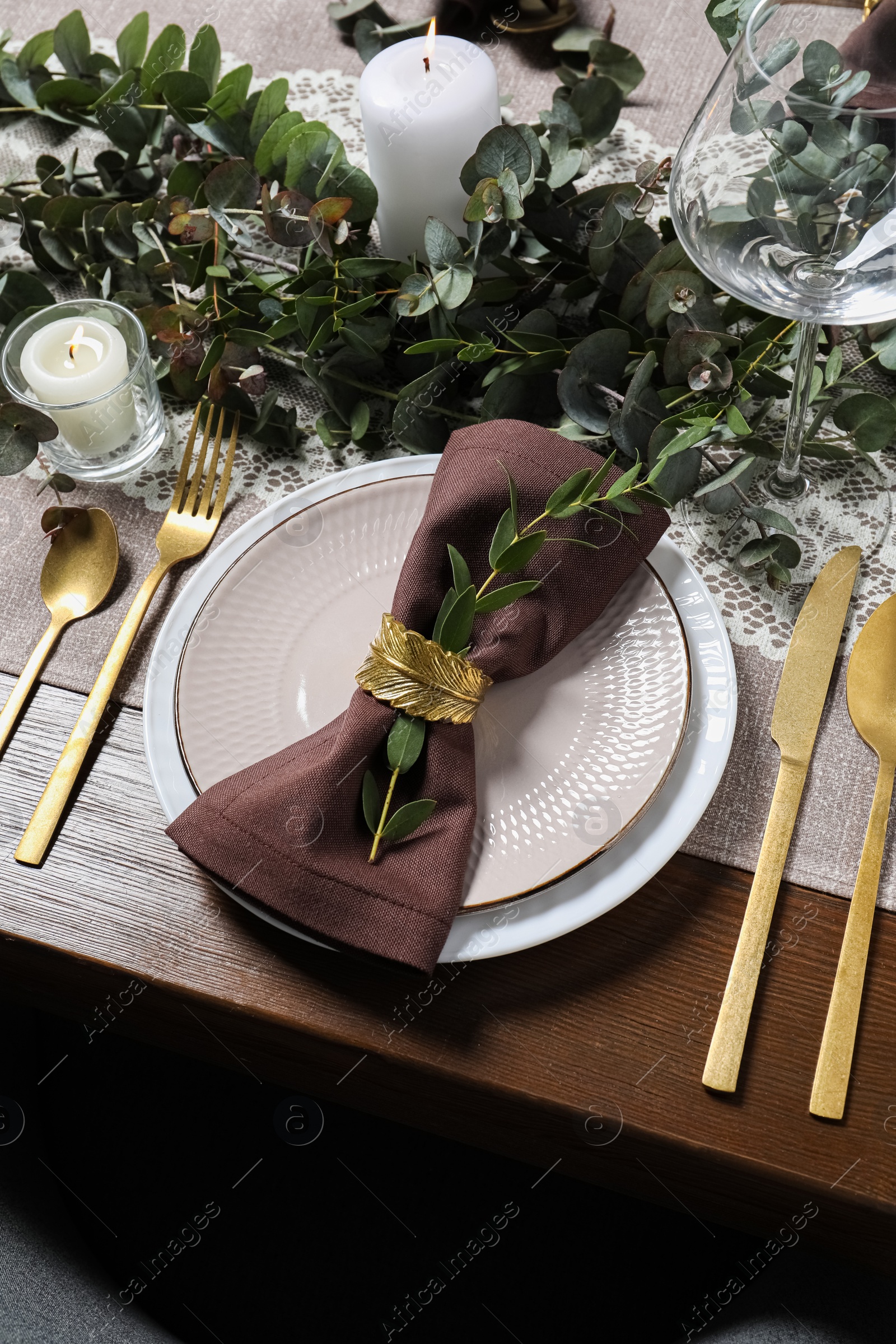 Photo of Stylish elegant table setting for festive dinner, above view