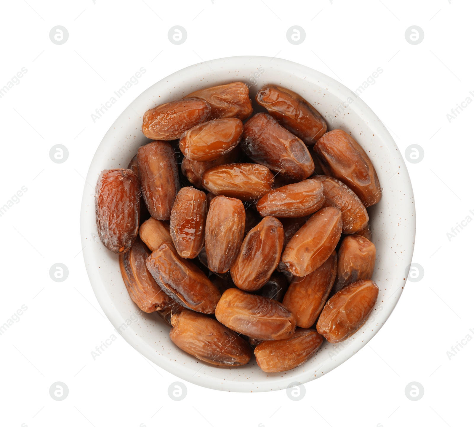 Photo of Bowl with sweet dates on white background, top view. Dried fruit as healthy snack