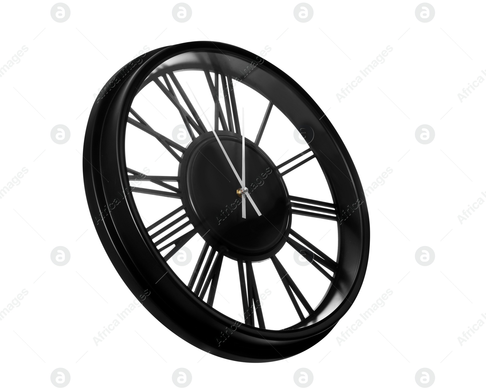 Photo of Clock showing five minutes until midnight on white background. New Year countdown