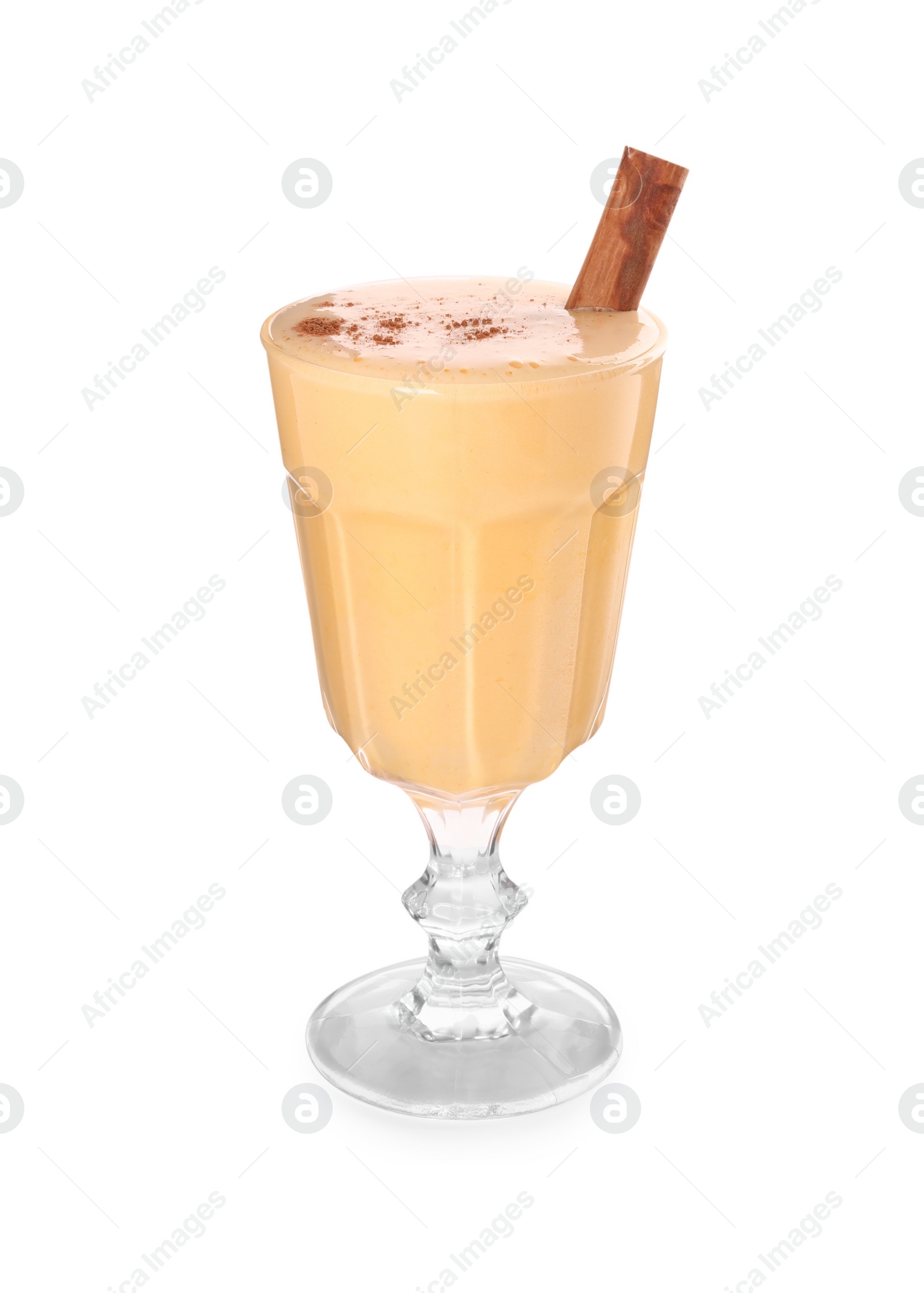 Photo of Delicious eggnog with cinnamon in glass isolated on white