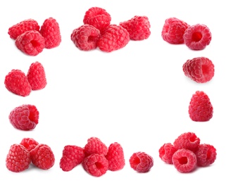 Image of Frame of fresh ripe raspberries on white background