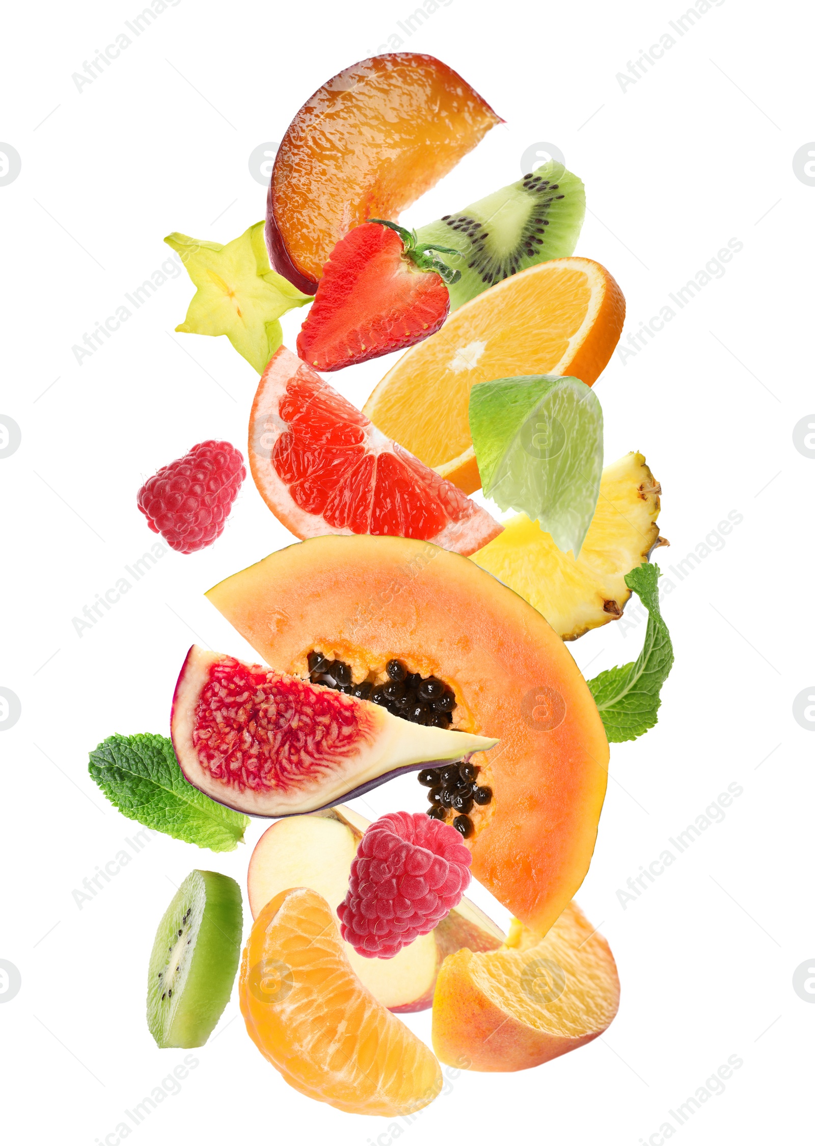 Image of Fresh tasty fruits and berries falling on white background