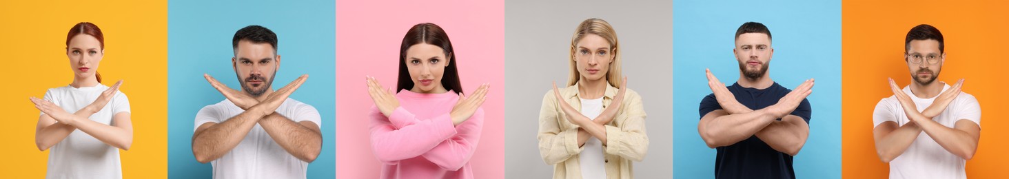 People showing stop gesture on different color backgrounds. Collage with photos