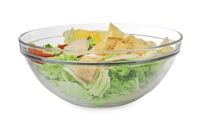 Photo of Bowl of delicious salad with Chinese cabbage, meat and bread croutons isolated on white