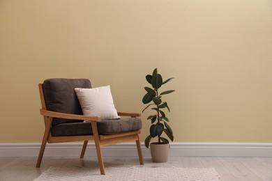 Photo of Comfortable armchair and beautiful plant near beige wall indoors, space for text