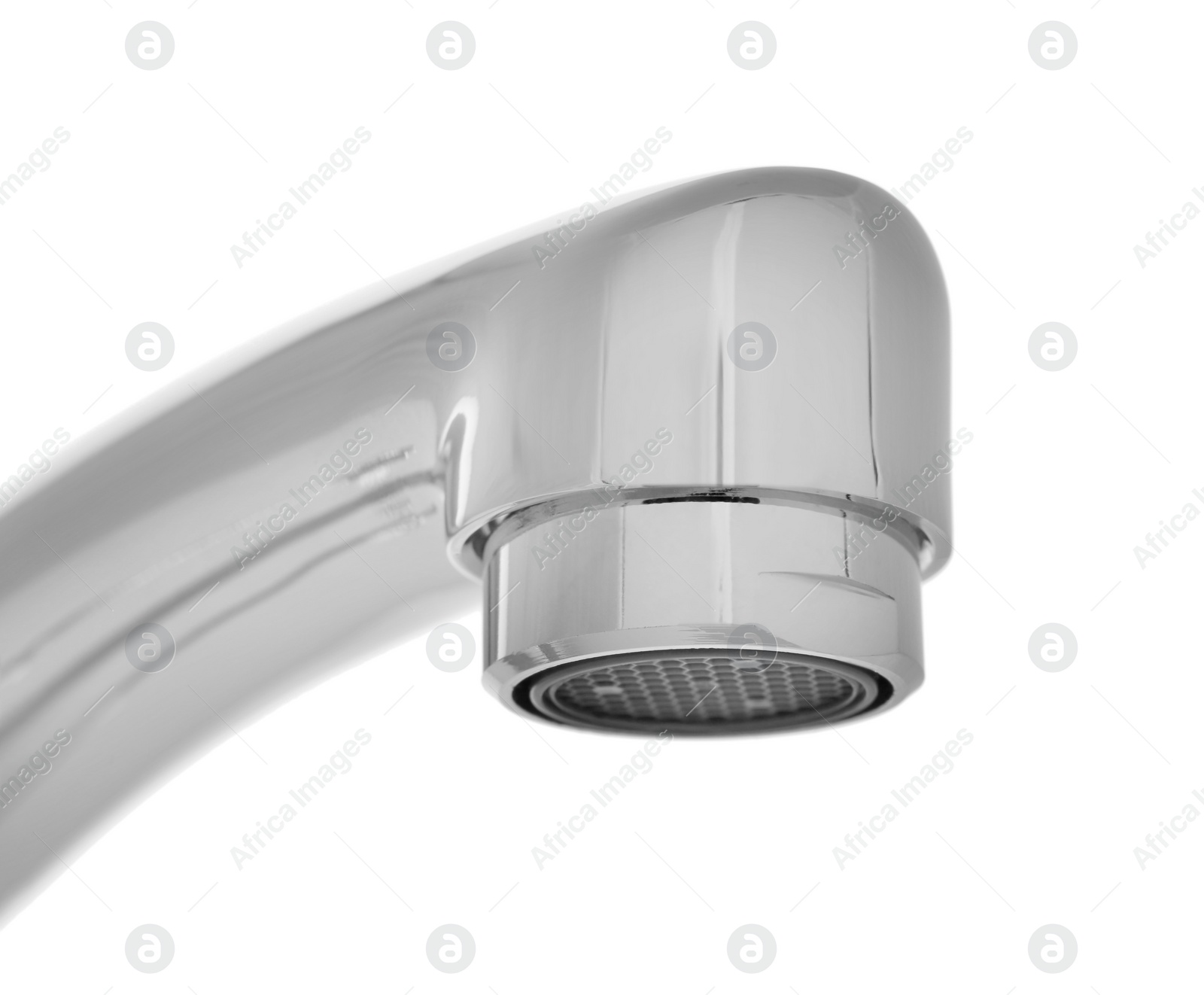 Photo of Modern water tap on white background, closeup